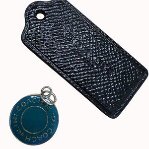 Coach Black Leather Bag Tag & Teal Round Charm Set